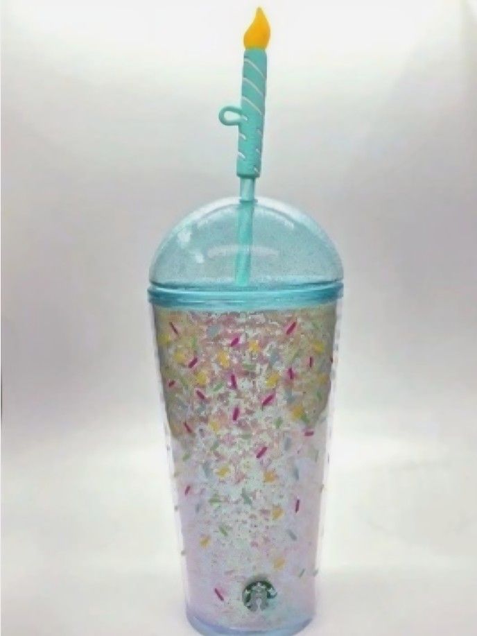 Starbucks Confetti Birthday Cake Tumbler w/ Candle Straw & Dome Lid, Grande, NWT
