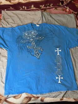 VINTAGE Shirt Mens 2XL Blue Graphic Salvation Cross Y2K