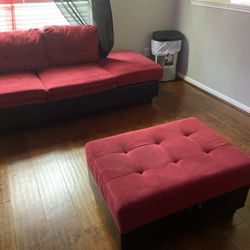 Red Cotton/ Leather Sectional 
