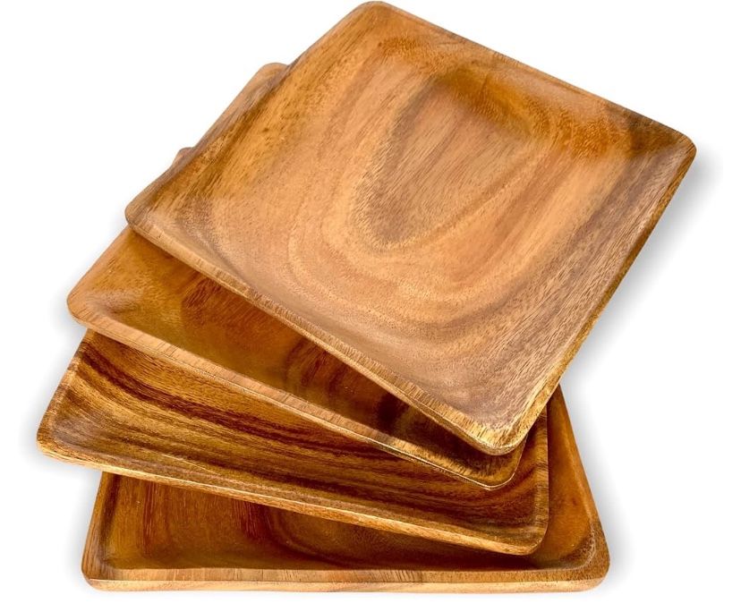 Wooden Plates, Handmade Set of 4, Durable Versatile Tableware for Side Dish, Bread, Snacks, Desserts, Acacia Wood Charcuterie Server, Natural, Rustic