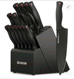 Astercook 15-Piece Kitchen Knife Set with Block & Built-in Sharpener - Matte Black
