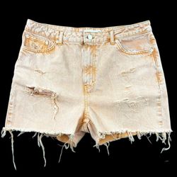TopShop Mom High Rise Distressed Denim Shorts in Dusty Peach Orange Y2K Casual