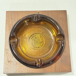 Vintage Ashtray, amber glass in wooden base