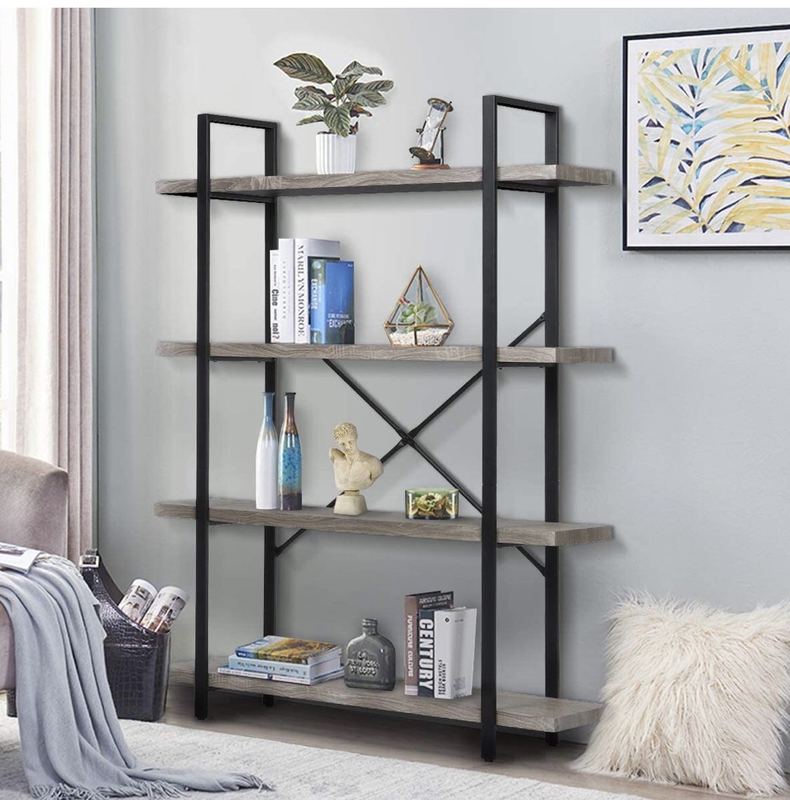 4-Tier, 130lbs/shelf Load Capacity, Industrial Bookshelves Storage Display Shelves, Home Office Furniture, Wood and Metal Frame( Gray