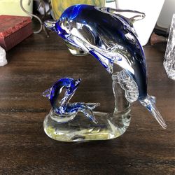 Dolphin And Baby Glass Statue