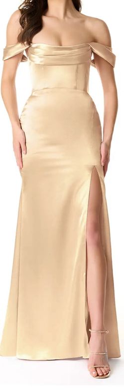 Azazie Liv Gold Satin Dress. 
