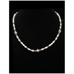 17" Cultured Pearl & Amethyst Necklace w Solid Sterling Silver Spacer Beads. Thailand, NWOT