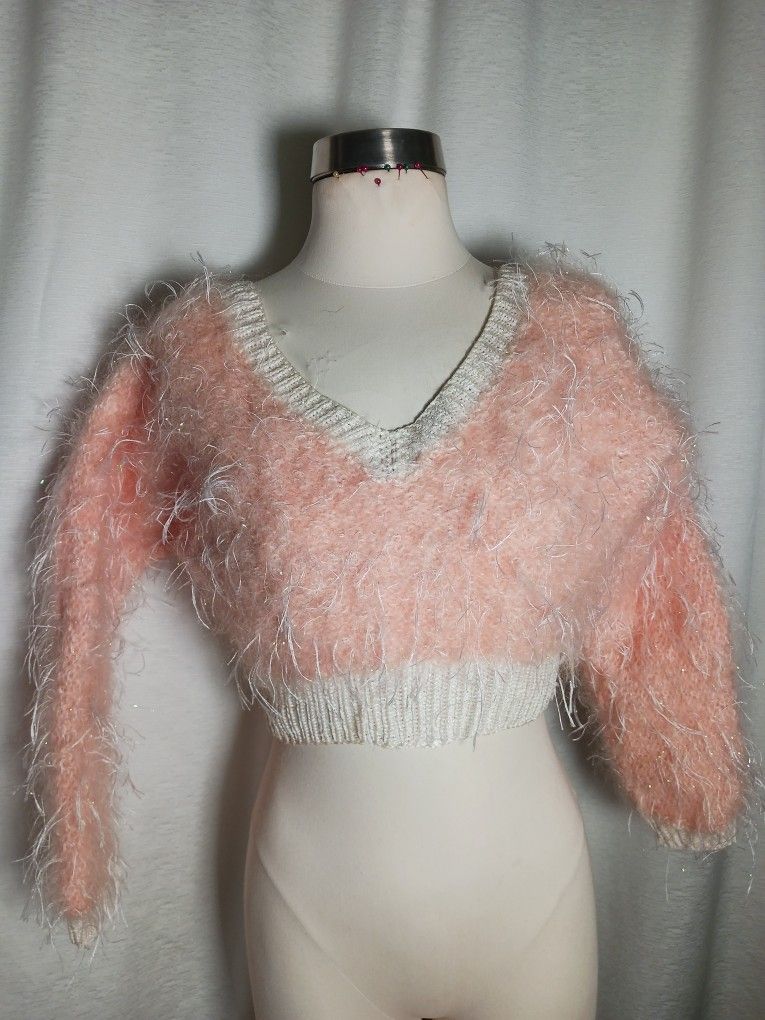 Vintage Retro Pullover Sweater Cropped Fringe Long Sleeve Glittery Pink Size S