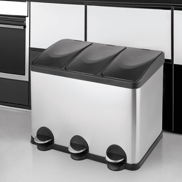 MoNiBloom 12 Gallon Trash Can with 3 Compartments, 3 x 4 Gallon Stainless Steel Garbage Can with Soft-Close Lids, Pedals and Inner Buckets for Kitchen