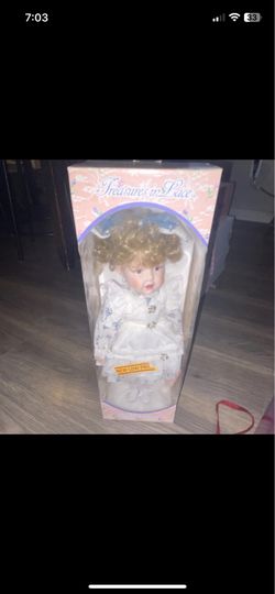 Treasures in Lace Porcelain Doll White Dress Blonde Curly Hair Girl