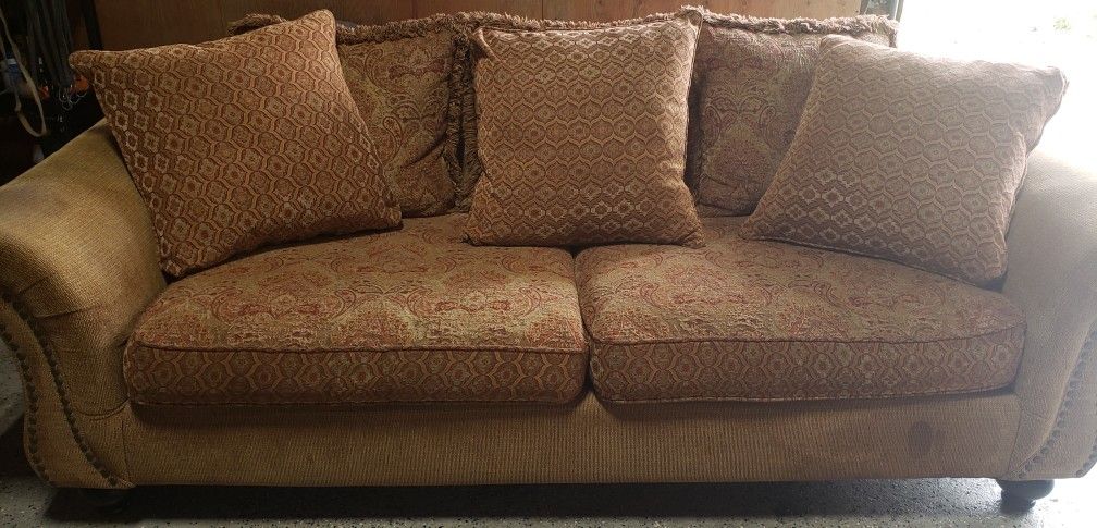 H.M. Richards 2 Seater Large Couch Beige W/ Red Flooral Print Stitching