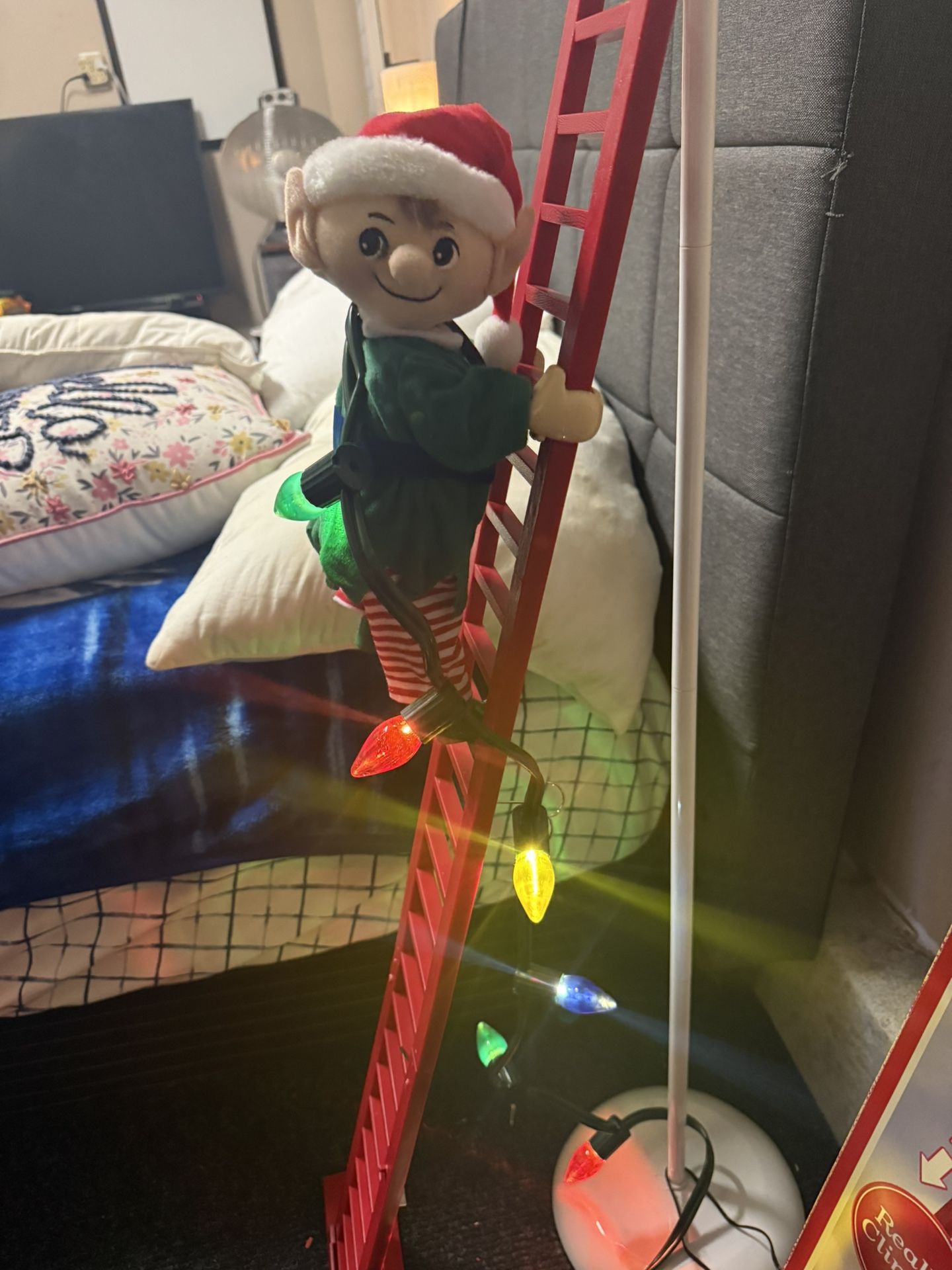 Elf Steps Up & Down The Ladder To Help Hang Lights