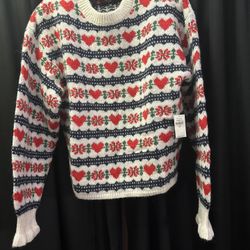 Old Navy, New w/Tag, Women's Loose Crew-Neck Wool-Blend Cropped Sweater In Pattern Fair Isle Hearts, Size Medium Tall