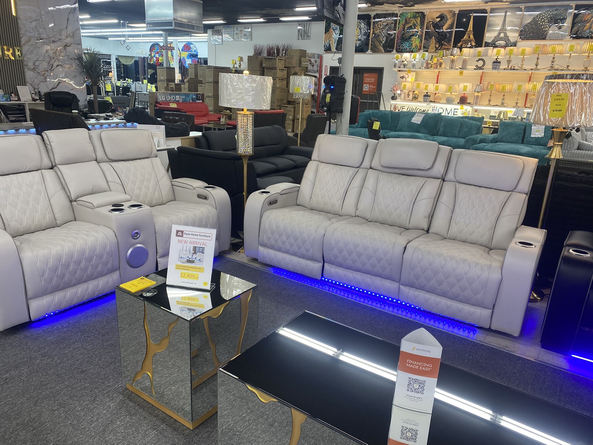 Leather bow sofa and loveseat, massage speaker, LED light