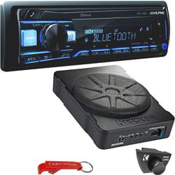 Alpine UTE-73BT Bluetooth Car Stereo and Kicker 46HS10 Powered Subwoofer Bass Bundle. 1-DIN No-CD Digital Media Receiver Head Unit with 10" Amplified 