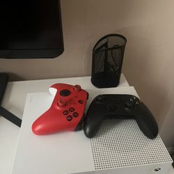 Xbox One S 500 gb with power cord, HDMI cable, , and 2 controllers.
