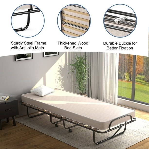 Portable Folding Bed with Memory Foam Mattress Rollaway Cot Beige [NEW]
