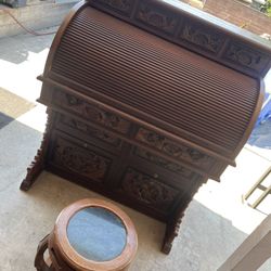 Japanese Engraved Wooden Rolling Desk Vintage 
