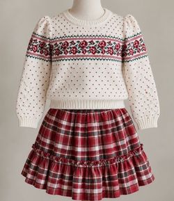 Girls Christmas Fair Isle Sweater & Red Plaid Skirt Set