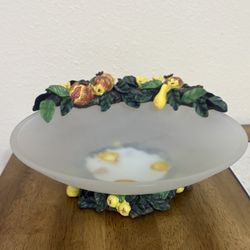 Vintage Frosted Glass Fruit Bowl W/3D Fruit Accent On Side & Pedestal