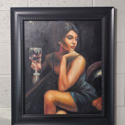 FABIAN PEREZ "Saba With Glass Of Red Wine" Canvas Painting Framed 29.5"×25.5"