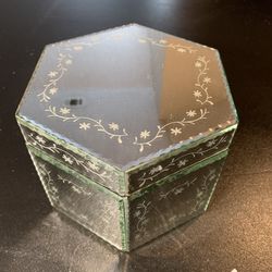 Hexagonal Decorative Mirror Glass Box With Floral Etchings 