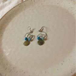 Earrings, Hand Made, Turquoise And Lite Blue Plastics And Green Accents 