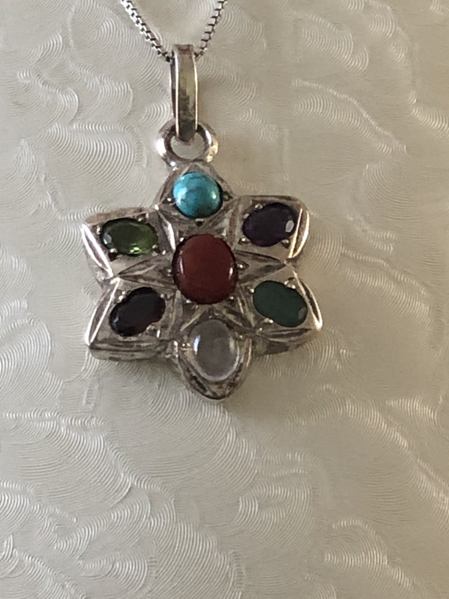 Necklace pendant sterling silver, custom made,7 real stone,Agate,Turquoise,Quartz,Emerald,Peridot,Garnet, Emethyst,18” chain