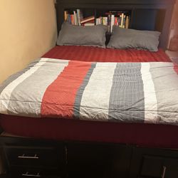 Dark Wood Queen Bed Frame with Built-in Storage