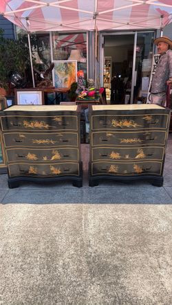 Pair of superb English Regency style Chinoiserie decorated commodes