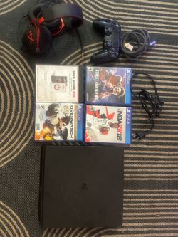 PS4 SLIM with controller, games, and headsetl