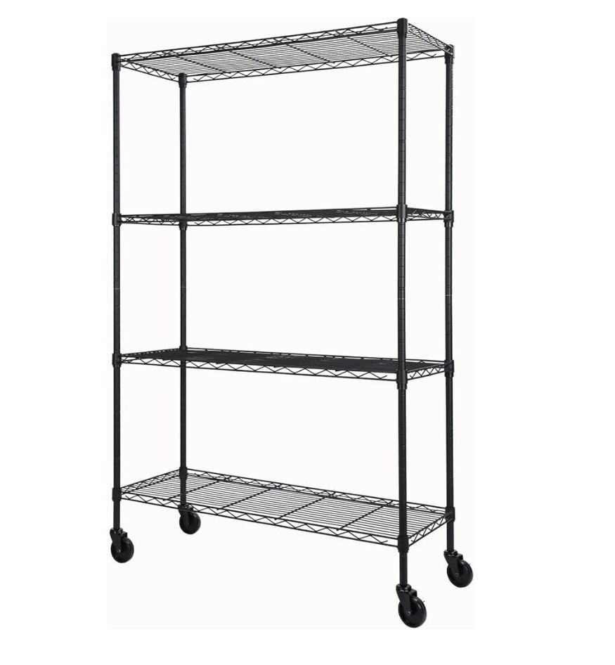 4-Shelf Adjustable Heavy Duty Storage Shelving Unit on 4 Wheel Casters, Metal Organizer Wire Rack for Laundry Bathroom Kitchen Pantry Closet, Black