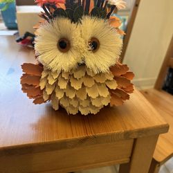 Green Wood Owl with Flower Crown, Fall Decor 7.5"