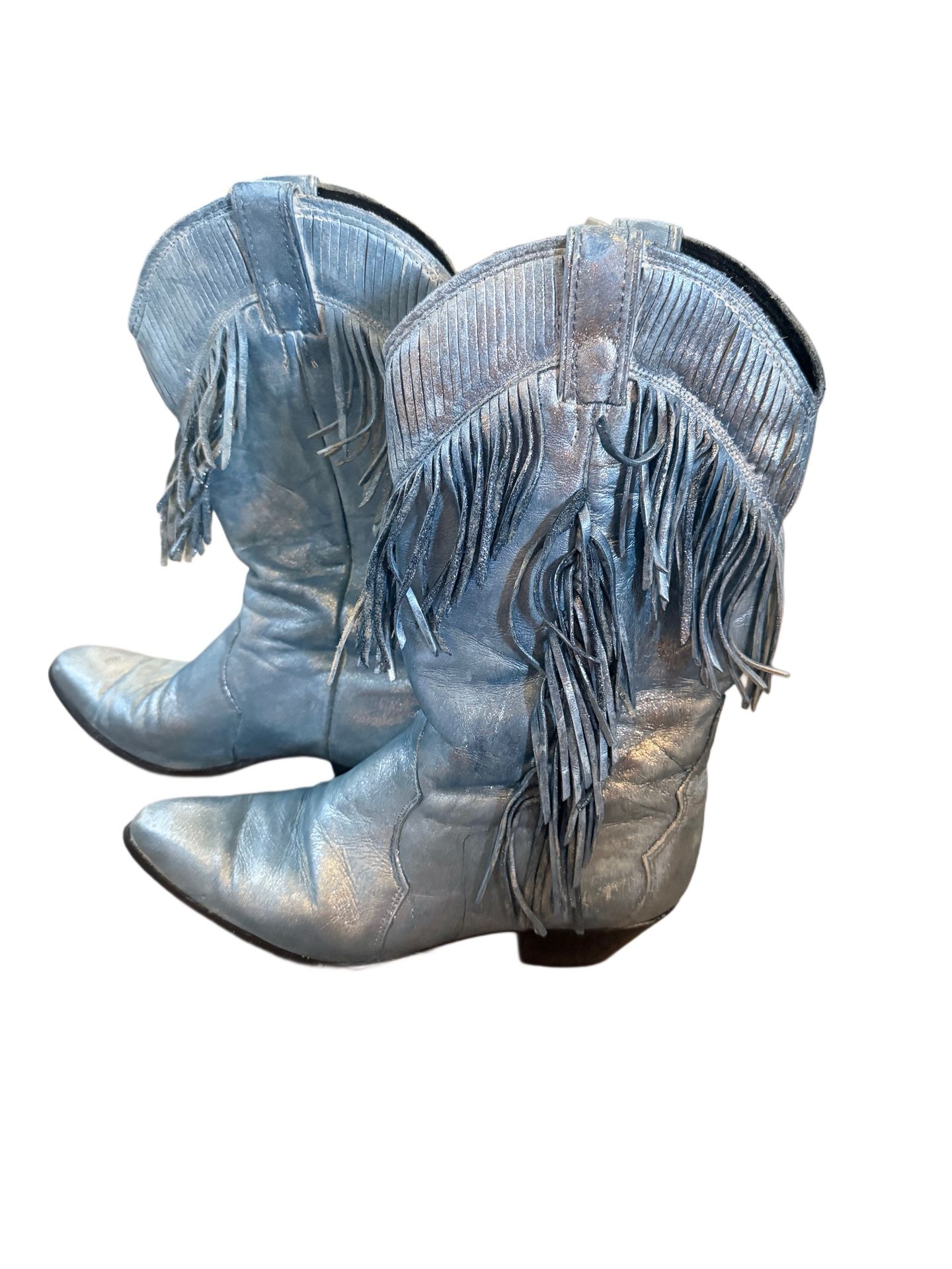 Burning Man Custom Fringe Metallic Silver Blue Women’s Laredo Leather Cowboy Boots Sz 8.5