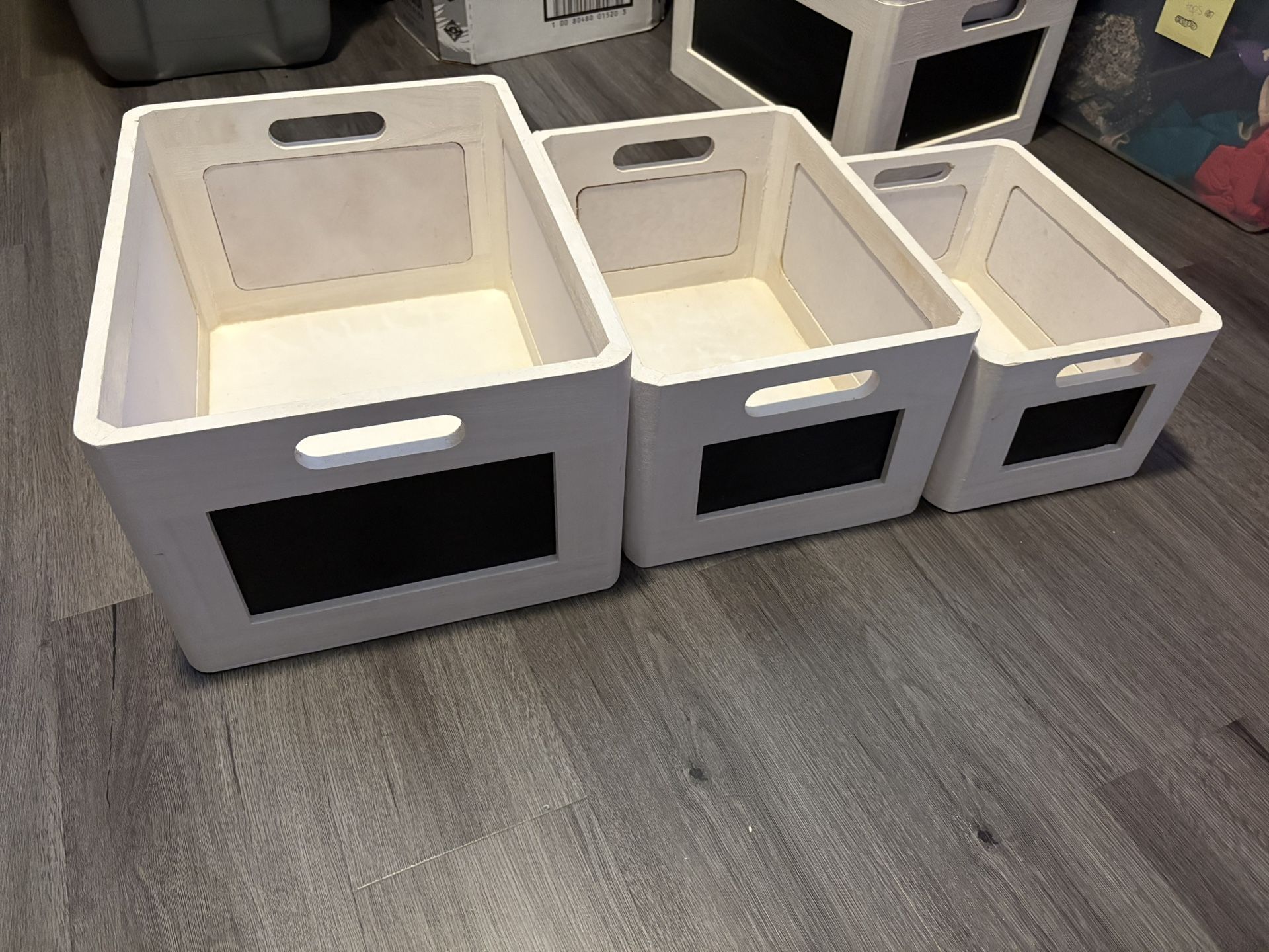 white wood and chalkboard baskets with handles