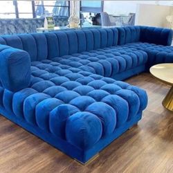 Blue Blue Velvet Double Chaise Sectional 