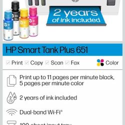 HP Smart -Tank Plus 651 Wireless All-in-One Ink -Tank Printer, up to 2 Years of Ink in Bottles, Auto Document Feeder, Mobile Print, Scan, Copy,, Fax, 