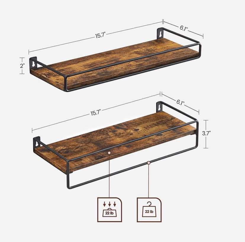 Floating Shelves, Set of 2, Wall Shelves with Towel Rack, Wood Shelves for Wall, for Bedroom, Kitchen, Living Room, Rustic Brown and Black