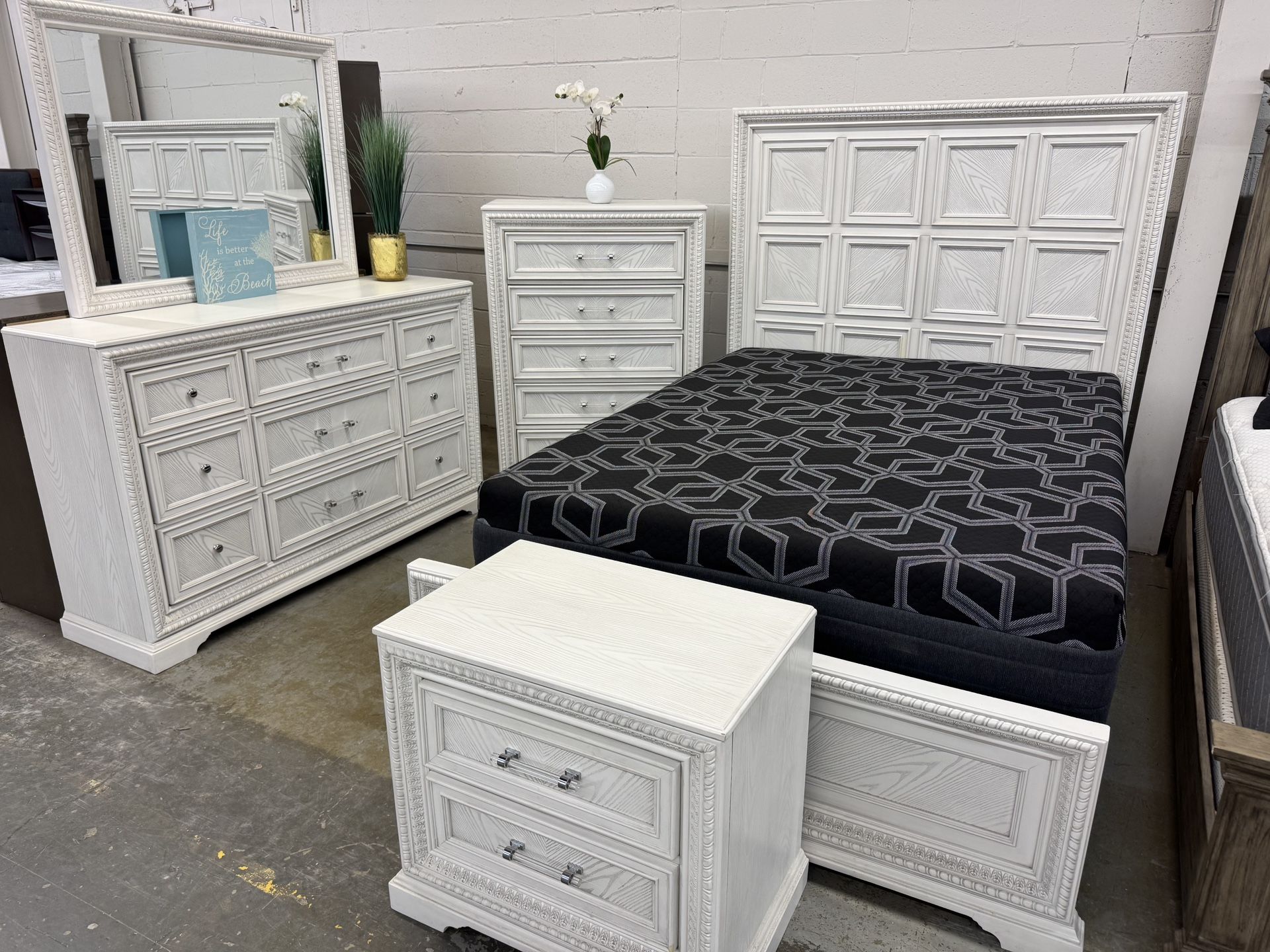 Eight Piece Queen Size Bedroom, Set With Free Five Drawer Chest