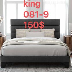 Allewie King Bed Frame Platform Bed with Fabric Upholstered Headboard and Wooden Slats Support（081-9）