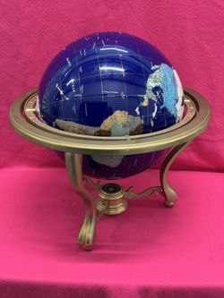  Antique Gemstone Globe with Compass | Handmade Natural Stone Inlay World Map, Shell & Pearl Inlaid,