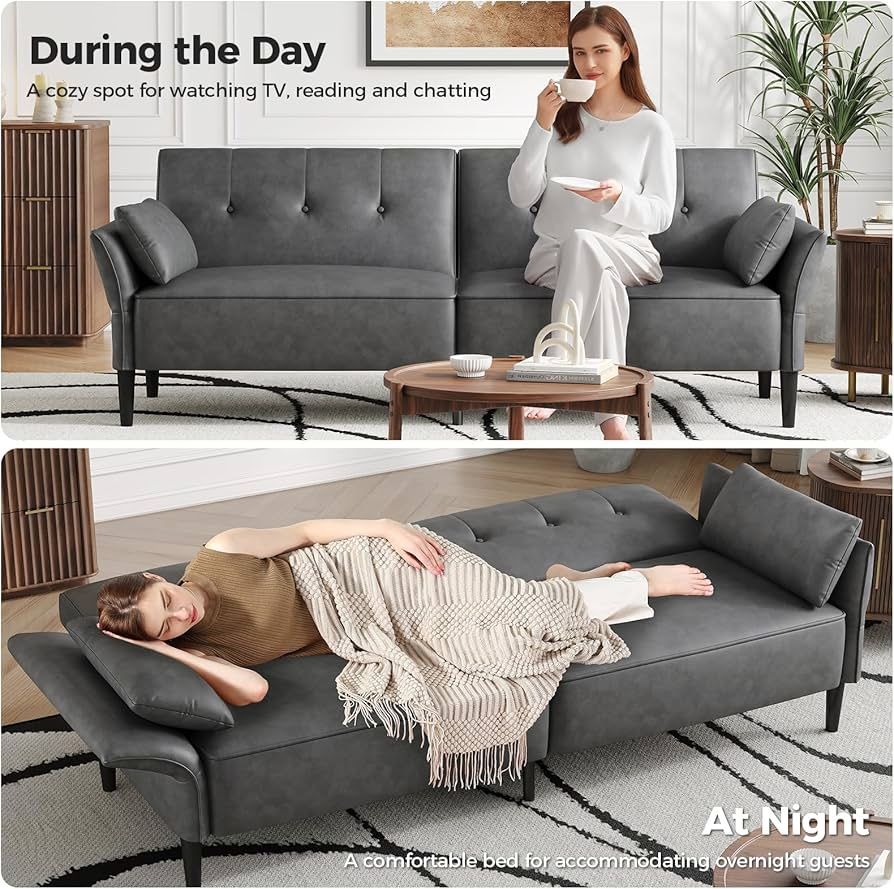 89” Futon Sofa Bed,Futon Couch Bed with 2 Square Pillows,Convertible Sleeper Sofa with Adjustable Backrest& Armrests, Modern Loveseat Sleeper for Livi