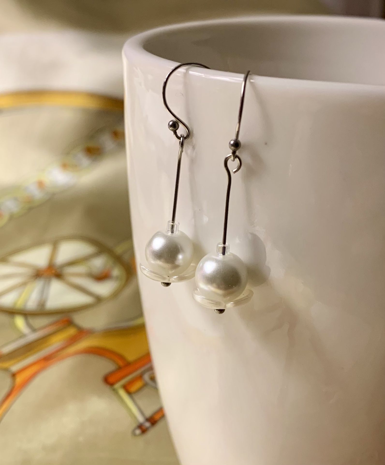 *New* Pure 925 Silver With Faux Pearl Flower Dangle Earrings, Simplistic Vintage Design
