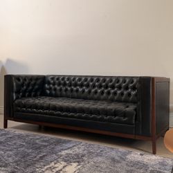 Modern Black Tufted Leather Sofa – Like New
