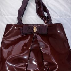 Salvatore Ferragamo Vara Bow Patent Leather Tote Burgundy Designer Handbag 
