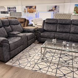 Power Head & Foot Reclining Microfiber Gray Or Brown Sofa And Loveseat Set