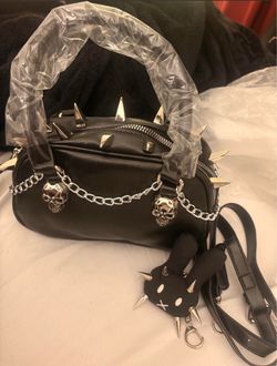 Black Leather Studded Hand Bag with Skull and Spikes