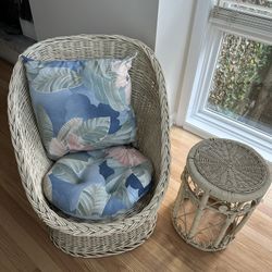 Wicker Chair, Cushions, Side Table