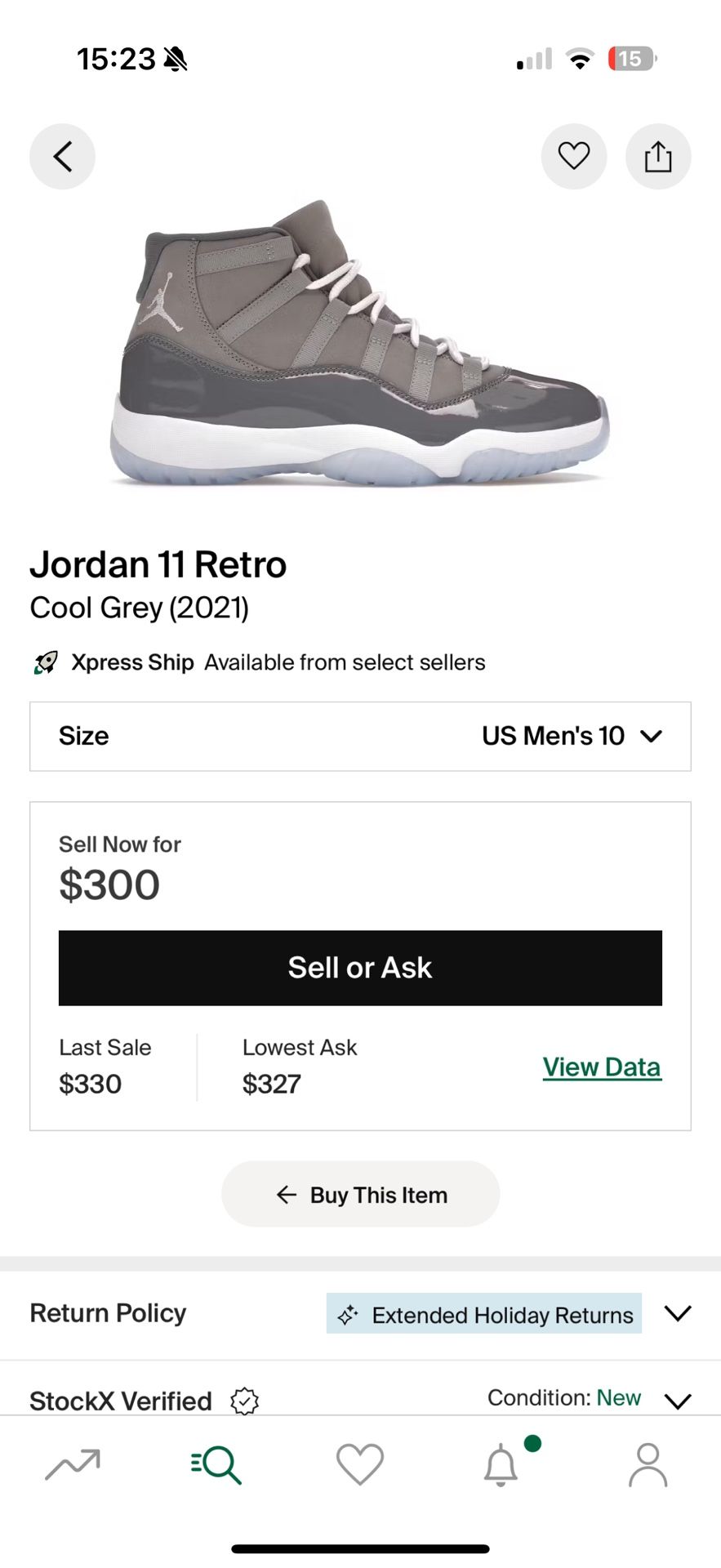 Jordan 11 Cool Grey Size 10 DS