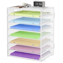 2 Pack White 8 Tier Paper Organizer with Handle, Metal Mesh Desk File Organizer, Large Organizer